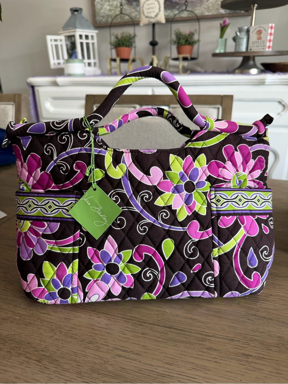 VERA BRADLEY Purple Punch Pattern Handle Top Zip Purse End Pockets NWT tote